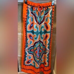ZARA Orange Turquoise Brown Paisley Geometric Satiny Palazzo Trousers Pants SM